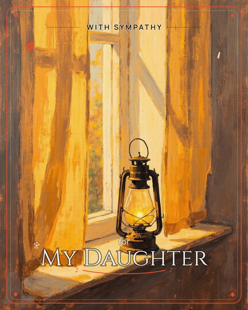 An old lantern glows on a wooden windowsill, framed by heavy mustard-yellow curtains pulled back to reveal a hazy view of autumn trees outside, a sympathy e-card design