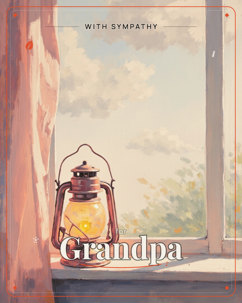 A weathered copper lantern sits lit on a sunny windowsill, its small flame glowing amber against a pale sky and drifting clouds, a sympathy e-card design