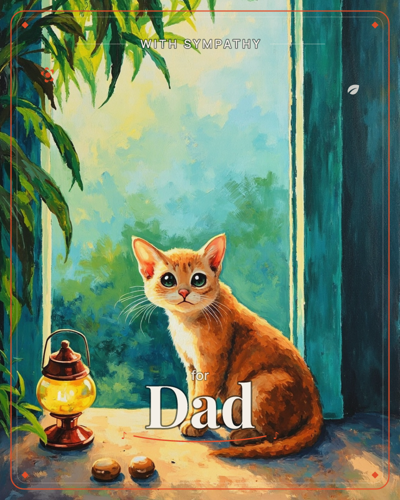 A ginger kitten with wide green eyes sits in an open teal-framed window, a lantern glowing softly beside it and trailing leaves curling in from above, a sympathy e-card design