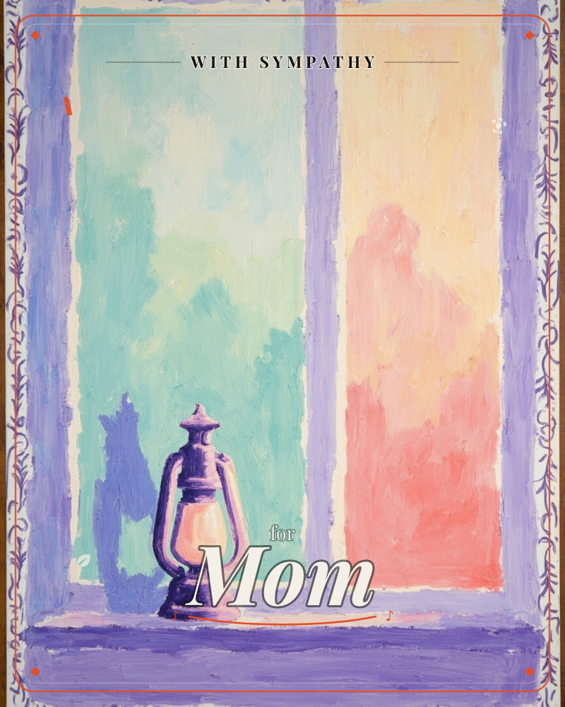 A lit lantern sits on a purple windowsill, its glow warming the panes beyond, which shift from teal and mint on one side to peach and coral pink on the…, a sympathy e-card design