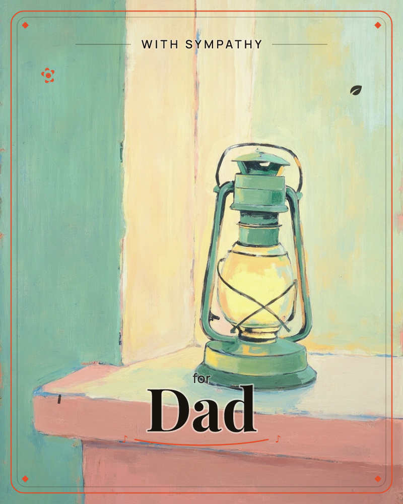 A vintage green lantern glows softly on a pale pink ledge, painted in loose brushstrokes against a backdrop of striped mint, cream and sky-blue panels, a sympathy e-card design