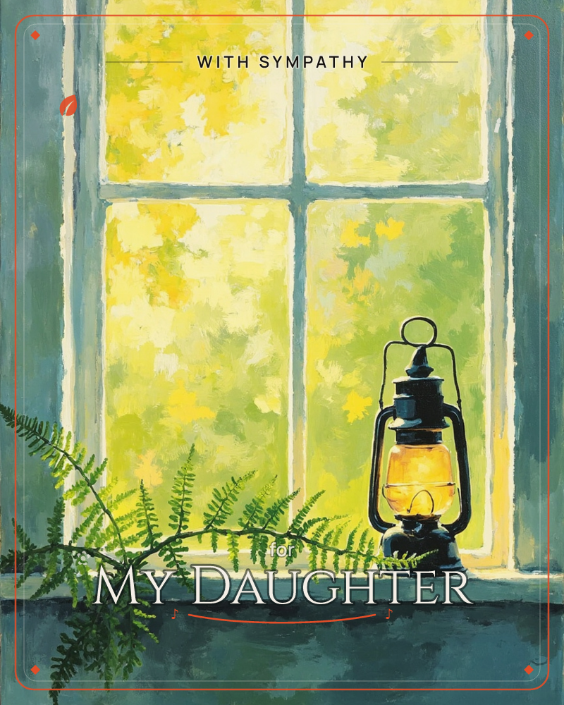 A black lantern glows softly on a slate-blue windowsill, its flame casting a warm amber light against the dappled yellow-green foliage visible through…, a sympathy e-card design