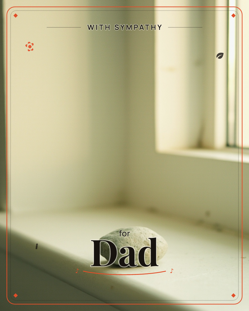 A single speckled stone rests on a pale windowsill, catching soft afternoon light that spills in through a half-seen window and washes the corner of…, a sympathy e-card design