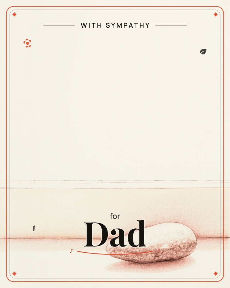 A single smooth, oval stone rests low on a pale cream page, drawn in fine reddish-sepia line and stipple against a soft horizon line, a sympathy e-card design