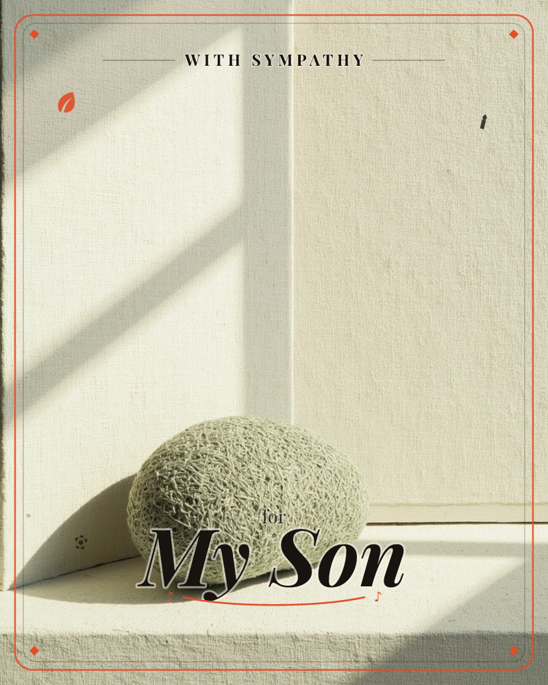 A single rounded object with a woven, textured surface sits on a plain stone ledge in a corner of bare walls, a sympathy e-card design