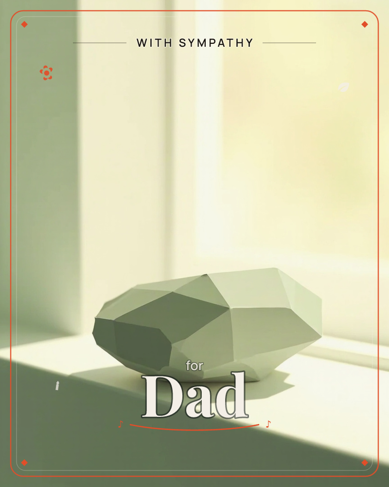 A single low-poly stone-shaped form rests on a pale ledge, its faceted surfaces catching soft light from an unseen window behind sheer curtains, a sympathy e-card design