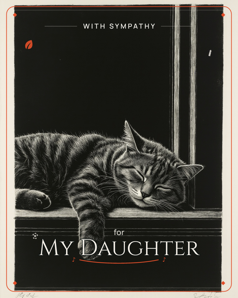 A tabby cat lies curled and fast asleep on a windowsill, one paw dangling over the edge, rendered entirely in fine scratchboard lines against deep black, a sympathy e-card design