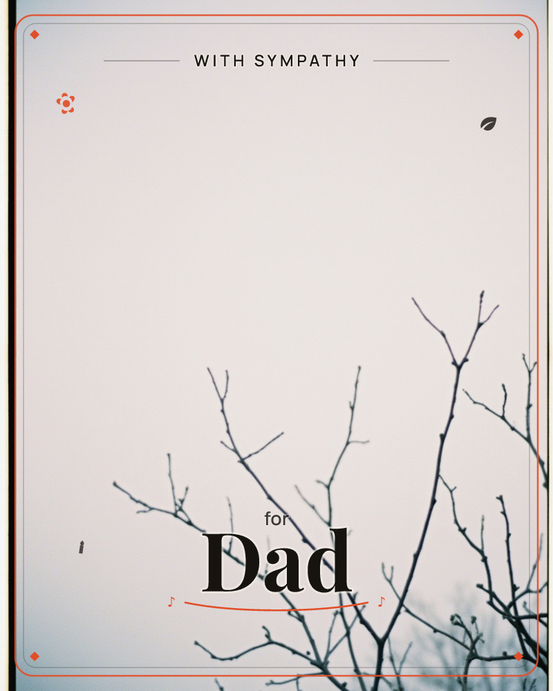 Bare tree branches reach up into the lower right corner of a pale, overcast sky, their thin twigs tipped with small unopened buds, a sympathy e-card design
