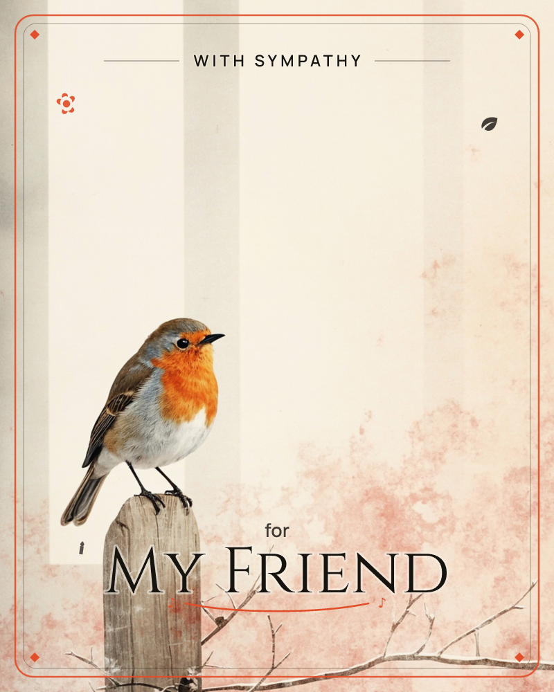 A robin with a bright orange breast perches alone on a weathered wooden post, set against a soft, striped cream background with faint pink cloud-like…, a sympathy e-card design