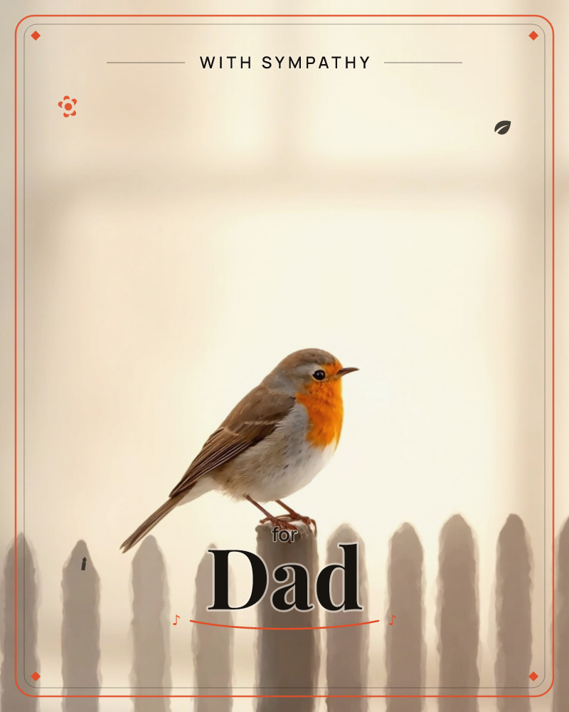 A robin with a bright orange breast perches alone on a wooden picket fence, silhouetted against a glowing, softly blurred background of warm cream light, a sympathy e-card design