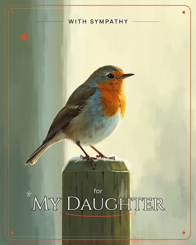 A robin with a bright orange breast perches on a frost-dusted wooden post, set against a soft painterly backdrop of muted olive and cream light, a sympathy e-card design