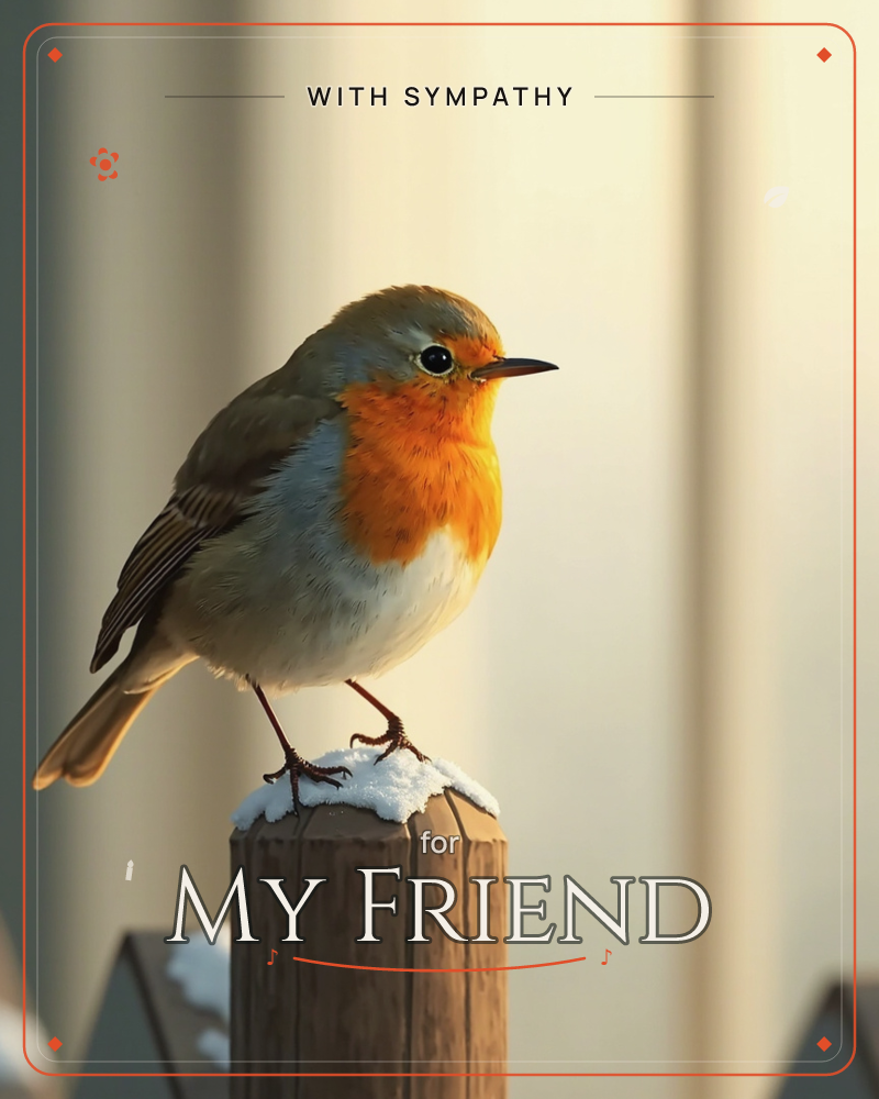 A robin with a bright orange breast perches on a snow-dusted wooden fence post, caught in warm low winter light against a soft blurred background, a sympathy e-card design