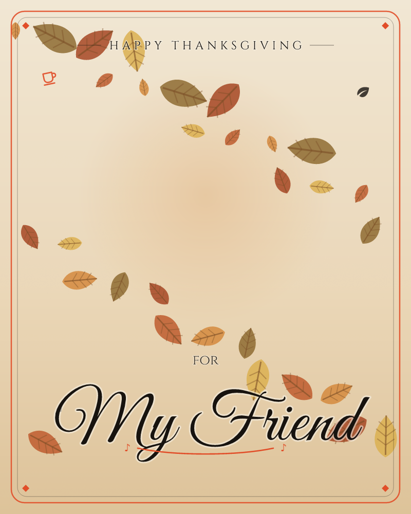 Autumn leaves in amber, rust and gold turning as they fall across a warm parchment ground, a thanksgiving e-card design