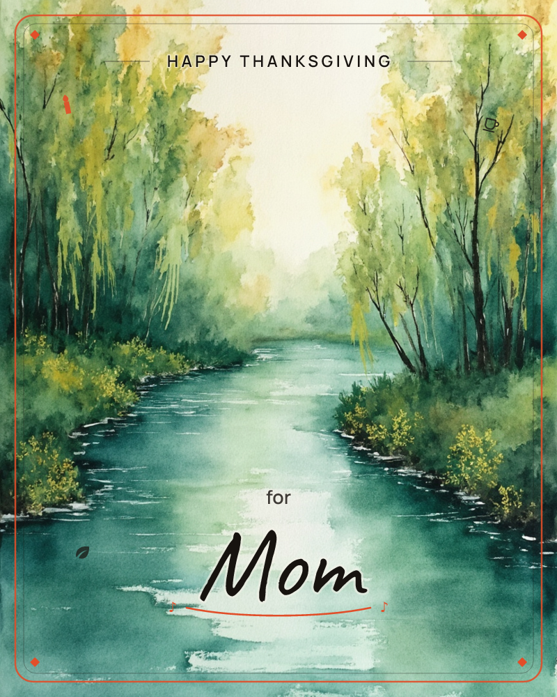 A quiet river winds through a corridor of overhanging trees, their leaves rendered in soft washes of green and gold, a thanksgiving e-card design
