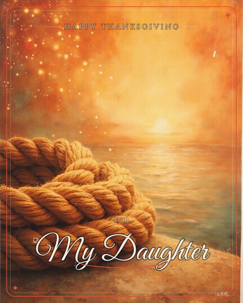 A thick coil of rope sits knotted on a stone ledge above a glowing sea, painted in warm amber tones under a sunset, a thanksgiving e-card design