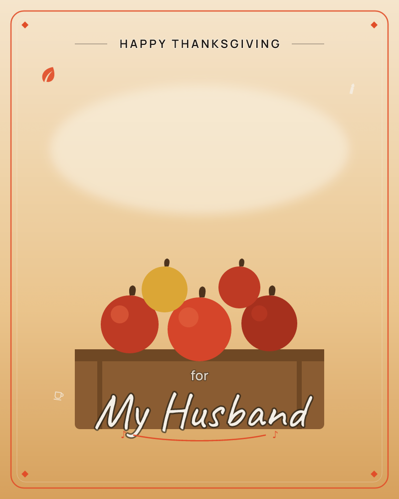 A small wooden crate holds a cluster of rounded apples in warm reds and one golden yellow, set against a soft glowing amber background with a pale oval…, a thanksgiving e-card design by @DittyCityTeam