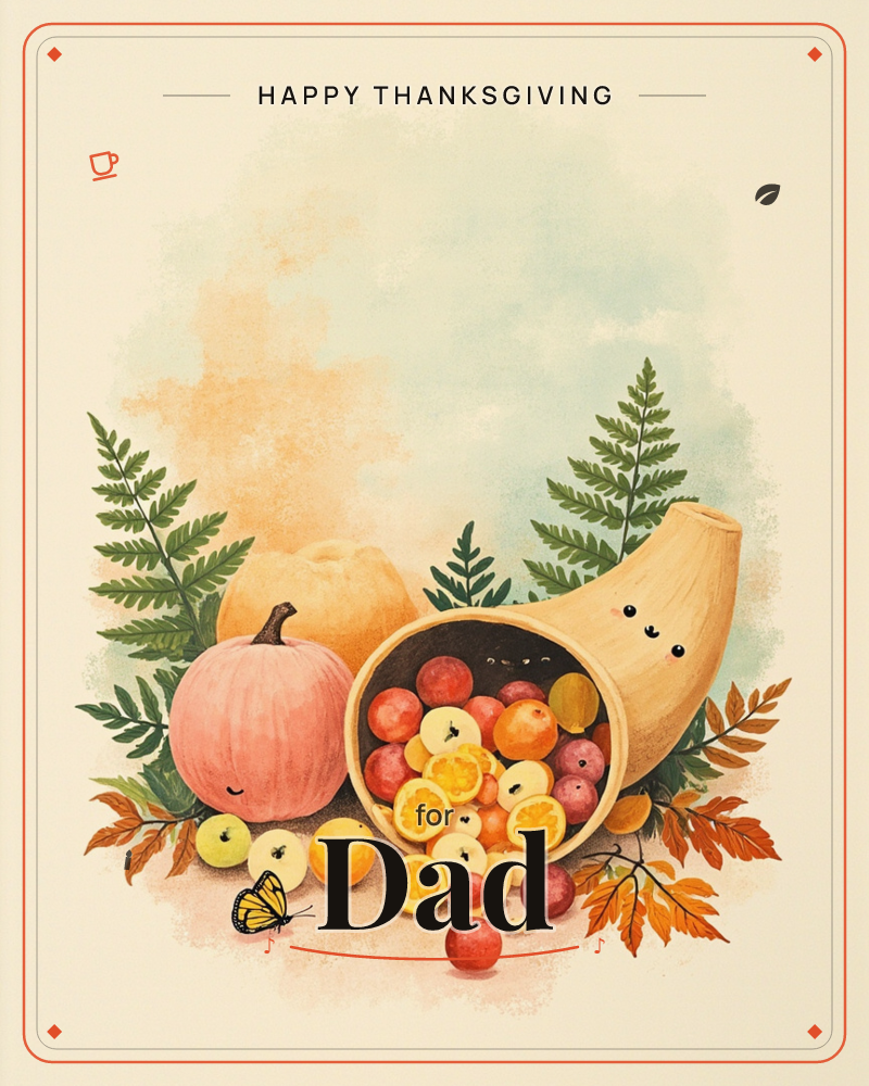 A cornucopia with a sleepy cartoon face spills a heap of tiny berries, citrus slices, and fruit across the base of a soft watercolour cloud of peach…, a thanksgiving e-card design