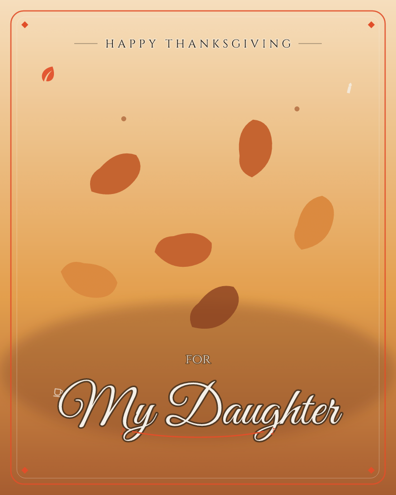 A warm gradient sky of amber and brown holds a scattering of falling leaf-like shapes above a soft shadowed ellipse suggesting the ground below, a thanksgiving e-card design by @DittyCityTeam