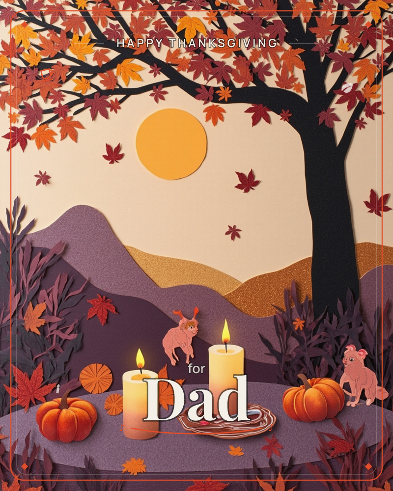 A layered paper-craft autumn scene shows a dark silhouetted tree shedding orange and burgundy leaves over rolling purple hills and a round amber sun, a thanksgiving e-card design