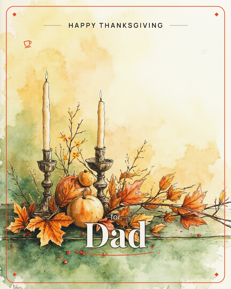 A watercolour still life shows two lit taper candles in ornate metal holders standing on a weathered wooden ledge, surrounded by small pumpkins…, a thanksgiving e-card design