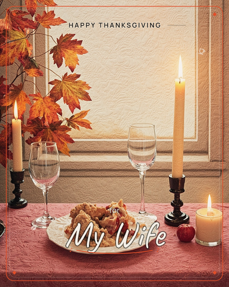 A candlelit table is set for an autumn meal, with a plate of roasted food, two empty wine glasses, a small apple, and a spray of orange maple leaves…, a thanksgiving e-card design