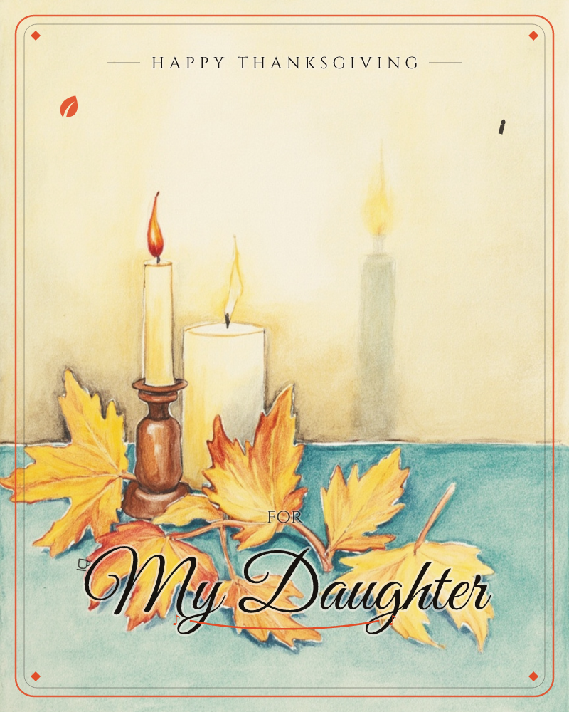 A tabletop still life shows a slender taper in a wooden candlestick beside a stout pillar candle, both lit, with a shadowy third flame glowing faintly…, a thanksgiving e-card design