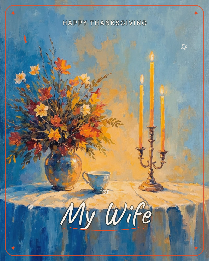 A still-life painting shows a rounded vase of autumn flowers and leaves beside a small blue teacup and a three-branched brass candelabra with lit…, a thanksgiving e-card design