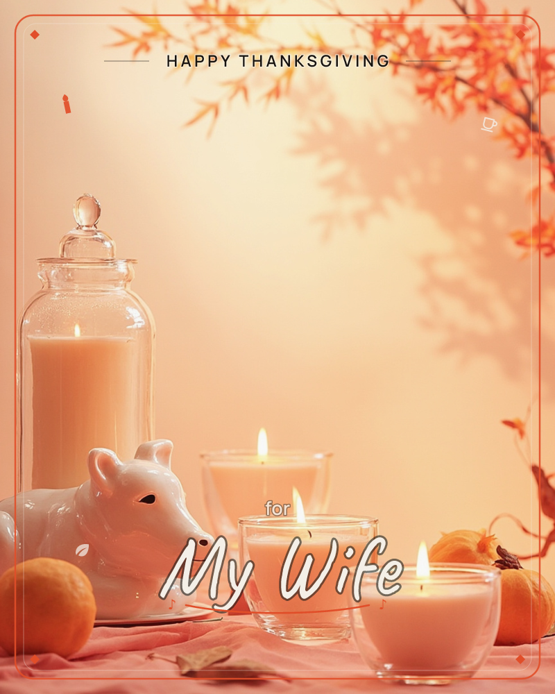 A warm still life glows in peach light: a tall candle in a glass apothecary jar sits beside a small white ceramic cow figurine, with three lit votive…, a thanksgiving e-card design