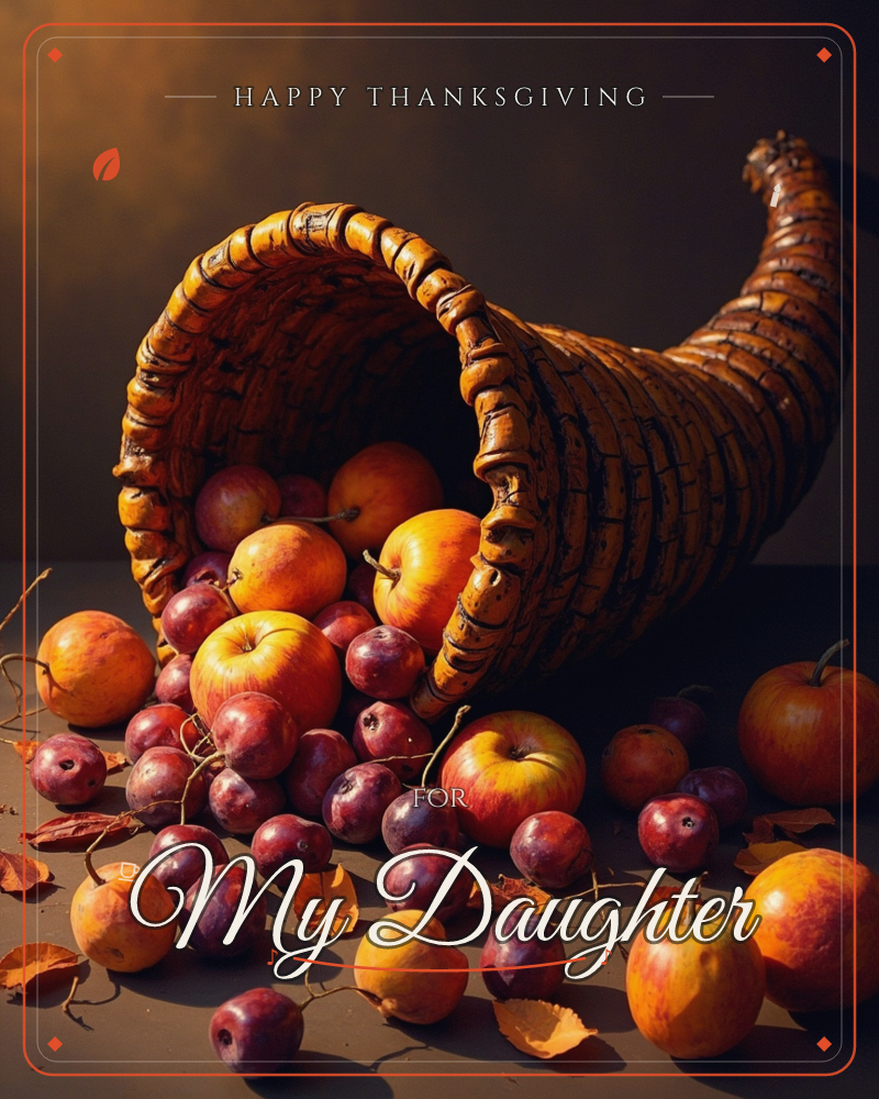 A woven cornucopia lies on its side against a deep amber backdrop, spilling apples and small plums across a dark tabletop, a thanksgiving e-card design