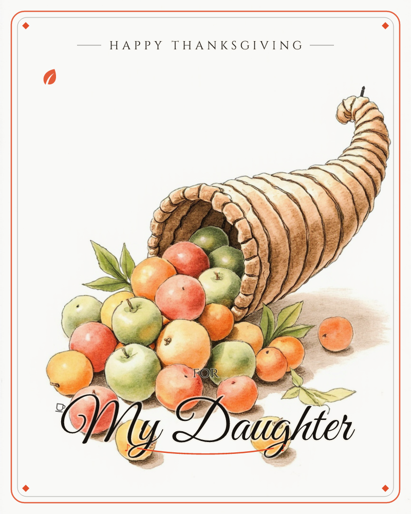 A woven cornucopia lies tipped on its side against a plain white background, spilling out a generous tumble of apples and oranges in red, gold and green, a thanksgiving e-card design
