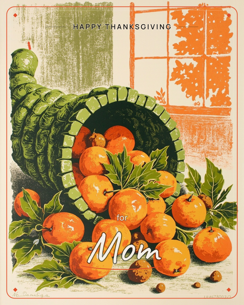 A green cornucopia lies tipped on its side, spilling a heap of glossy orange fruit, green leaves and small brown nuts across a tabletop, with an…, a thanksgiving e-card design