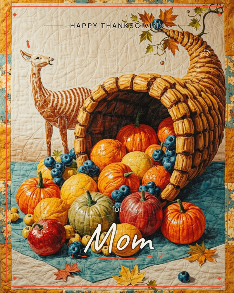 A woven cornucopia spills a heap of pumpkins, gourds, apples and blueberries across a teal cloth, with a small striped deer figure standing beside it, a thanksgiving e-card design