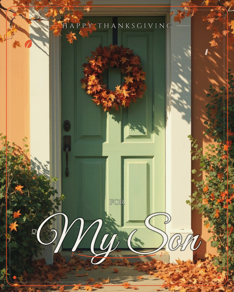 A soft green paneled door is framed by white trim and warm terracotta walls, hung with a wreath made of curling orange and rust maple leaves, a thanksgiving e-card design