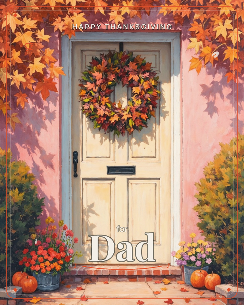 A cream-painted front door with a pale blue frame sits set into a dusty pink house wall, hung with a wreath of red, orange and gold autumn leaves, a thanksgiving e-card design