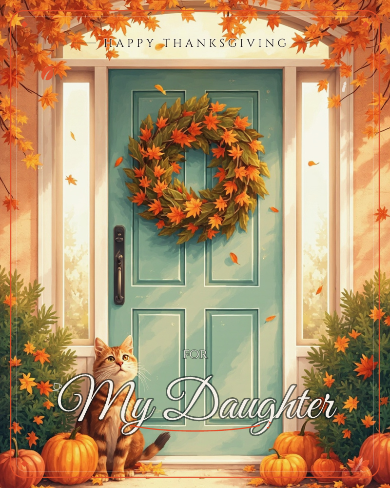 A soft teal front door is framed by an autumn wreath of orange and rust leaves, with maple branches arching overhead and drifting leaves in the air, a thanksgiving e-card design