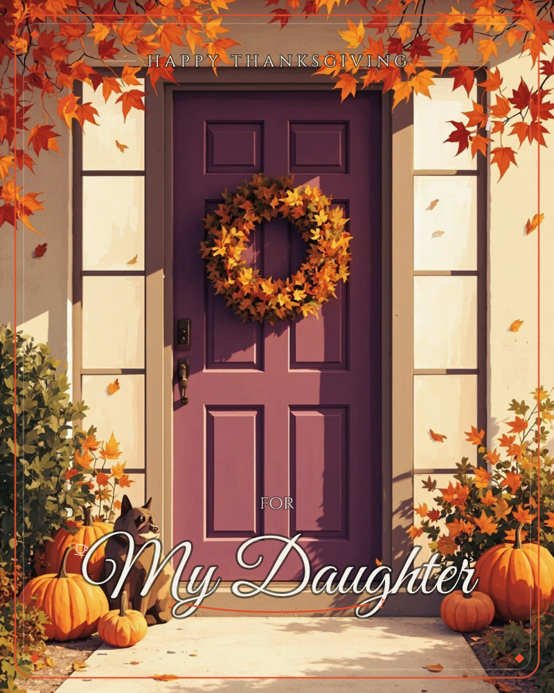 A plum-purple front door hung with an autumn wreath of gold and orange leaves sits framed by narrow sidelight windows, a thanksgiving e-card design