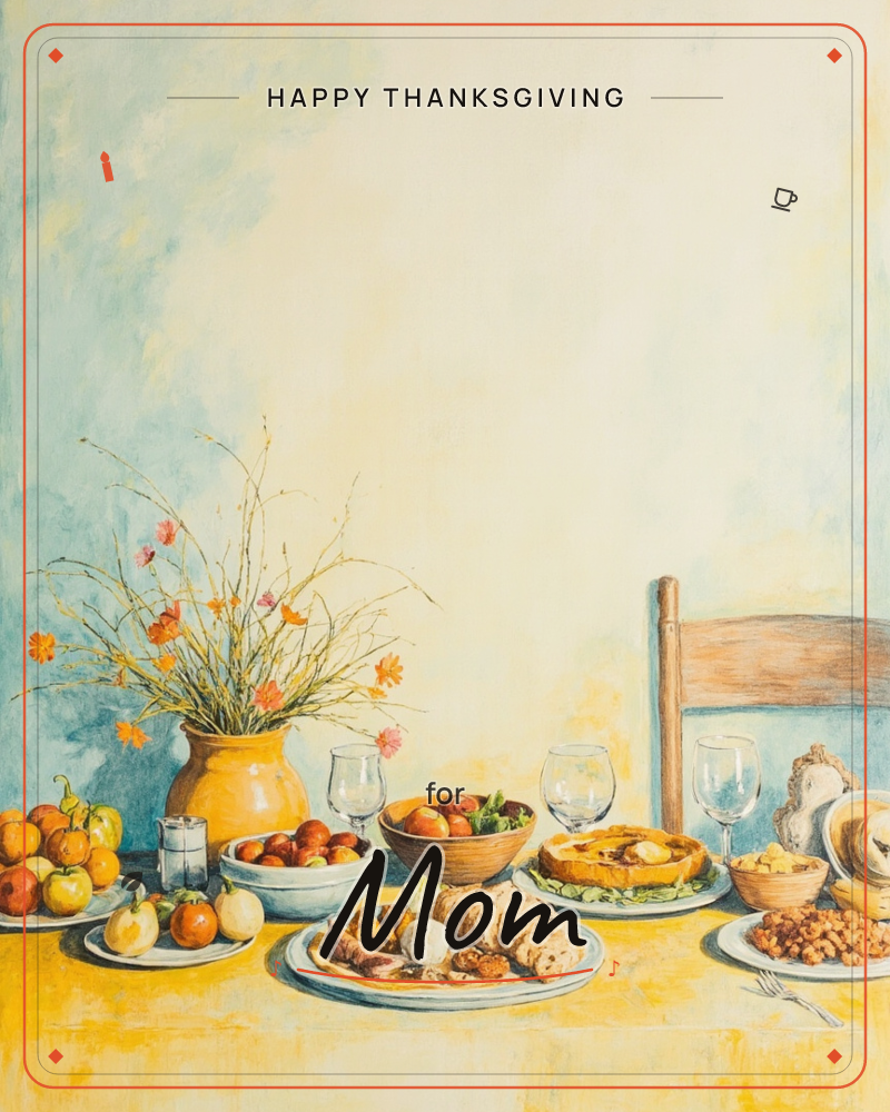A sunlit table is spread with a harvest feast: bread, roasted vegetables, a tart, nuts, and fruit arranged around three empty wine glasses and a yellow…, a thanksgiving e-card design