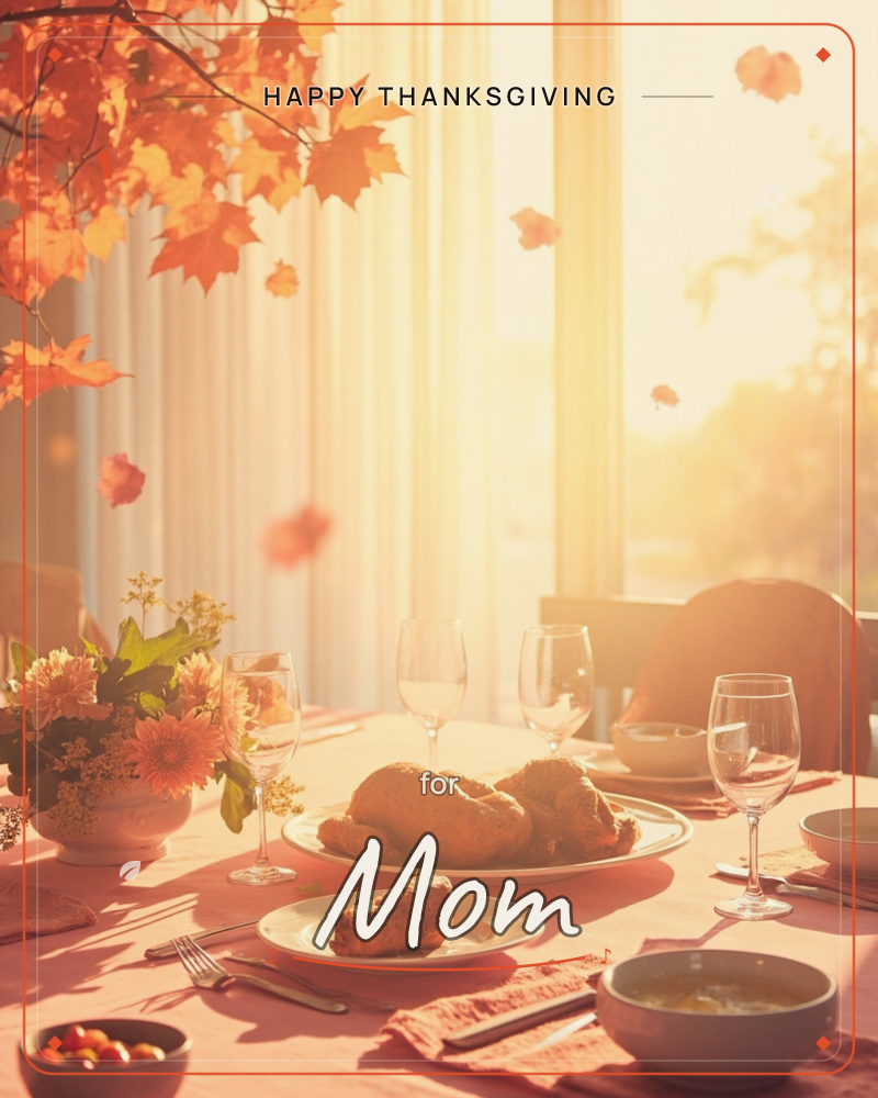 A sunlit dining table is set for a autumn feast, with a roast bird as the centerpiece surrounded by bowls, wine glasses, and a bouquet of dahlias, a thanksgiving e-card design