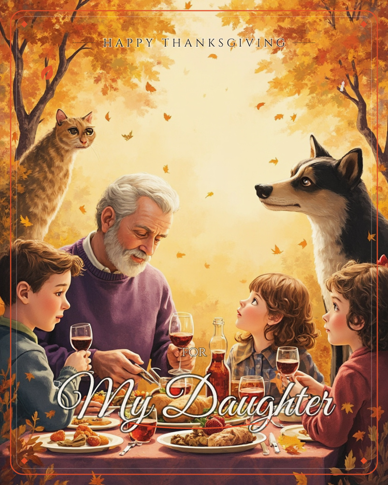 An older man carves bread at an outdoor autumn table while three children look on, glasses of red drink and platters of food spread before them, a thanksgiving e-card design
