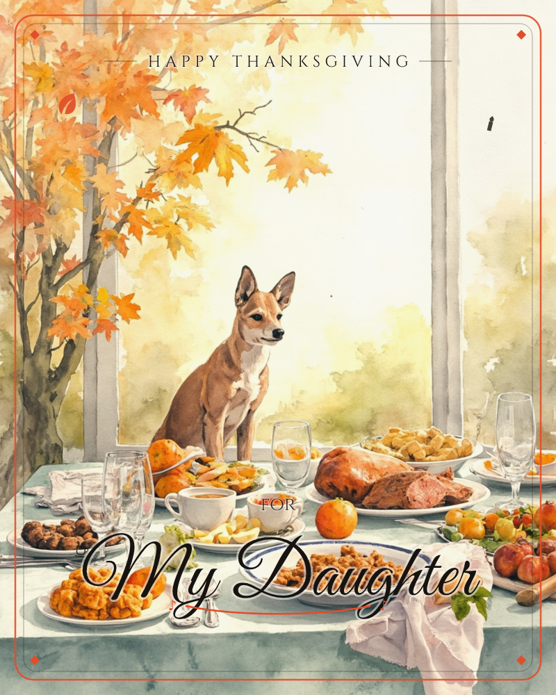 A small dog with pointed ears sits attentively at the head of a table spread with a full autumn feast, roasted meat, stuffing, tarts, fruit and…, a thanksgiving e-card design