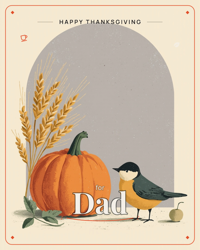 An orange pumpkin with a curling green stem sits beneath tall stalks of golden wheat, framed by a soft grey stone archway, a thanksgiving e-card design
