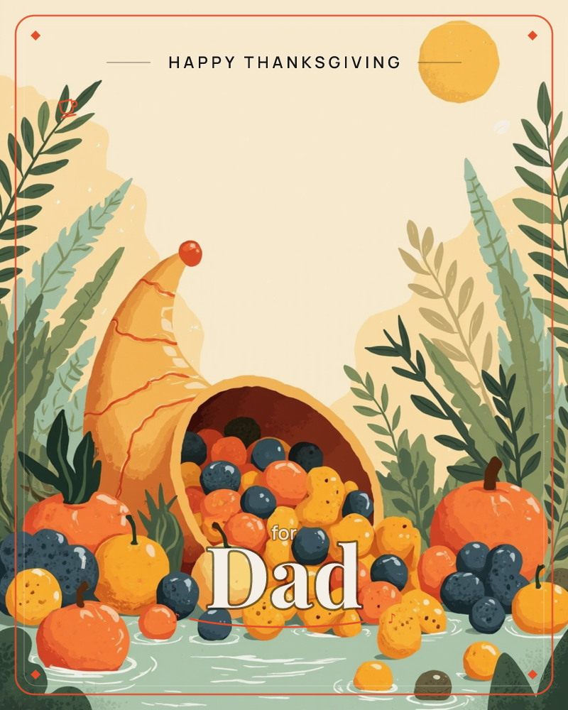 A stylized cornucopia horn spills a bounty of round fruits and berries in orange, gold, and deep blue across a pale ground, framed by tall feathery…, a thanksgiving e-card design