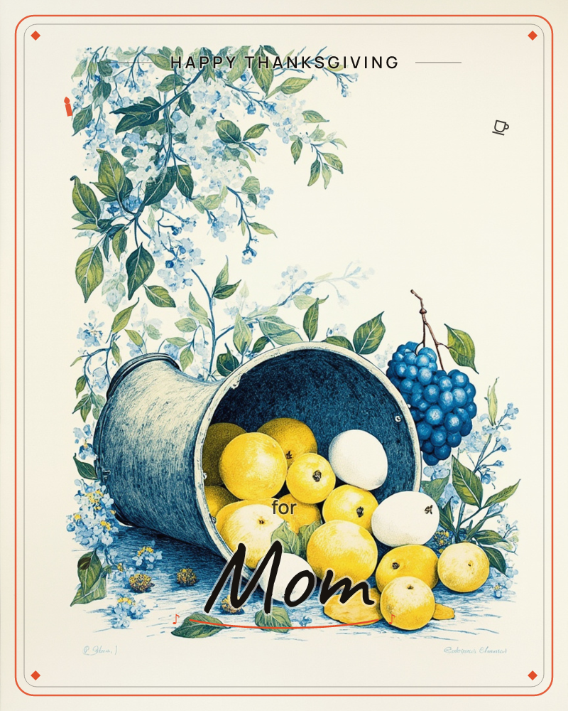 A tipped-over metal pail spills a harvest of yellow apples, pale plums, and a cluster of blue-purple grapes across the ground, a thanksgiving e-card design