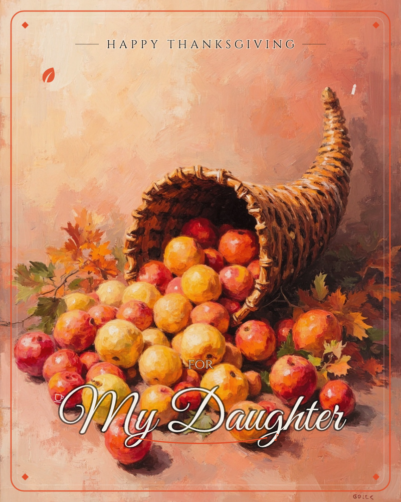 A woven cornucopia lies on its side, spilling a heap of glossy red and gold apples across a warm peach surface, a thanksgiving e-card design