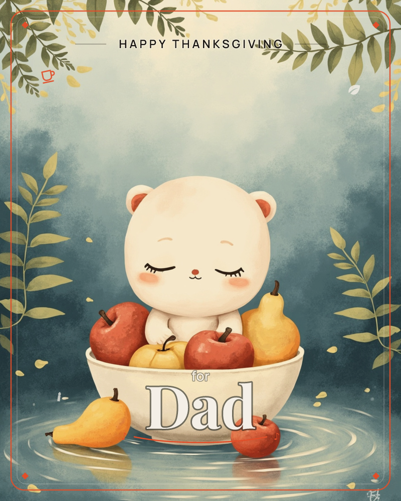A round-eared white bear cub sits contentedly nestled among red apples and golden pears inside a large white bowl, eyes closed in a peaceful smile, a thanksgiving e-card design