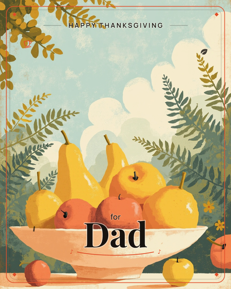 A pale pink footed bowl overflows with golden pears and rosy apples, set against a soft blue sky and clouds fringed by fern leaves and mustard-yellow…, a thanksgiving e-card design