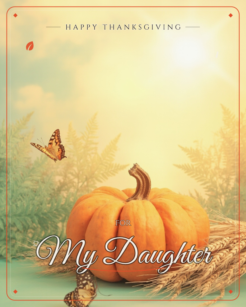 A single orange pumpkin sits among dried wheat stalks and pale ferns, lit by a hazy sun breaking through soft clouds, a thanksgiving e-card design