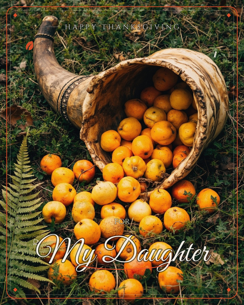 A carved horn cornucopia lies tipped on its side in mossy grass, spilling out a heap of small orange and yellow apples or crabapples, a thanksgiving e-card design