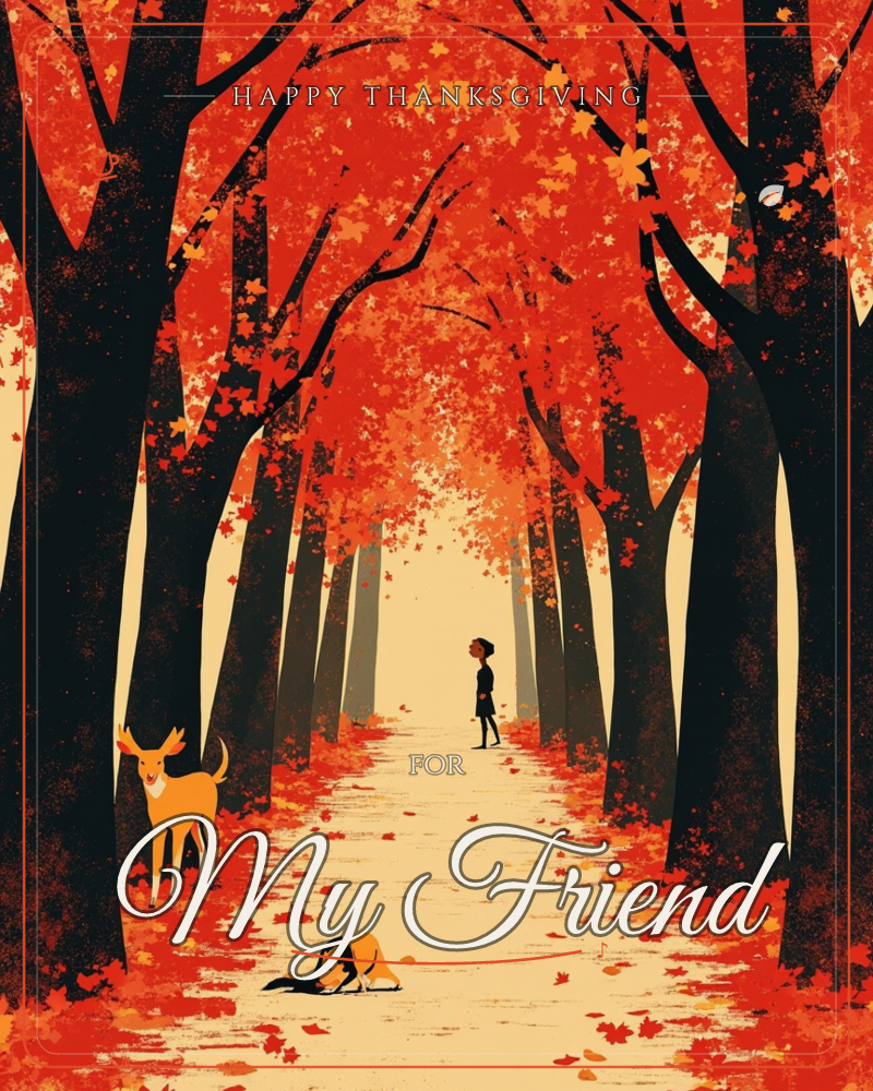A tree-lined avenue glows in deep autumn, its branches meeting overhead in a canopy of red and orange leaves, a thanksgiving e-card design