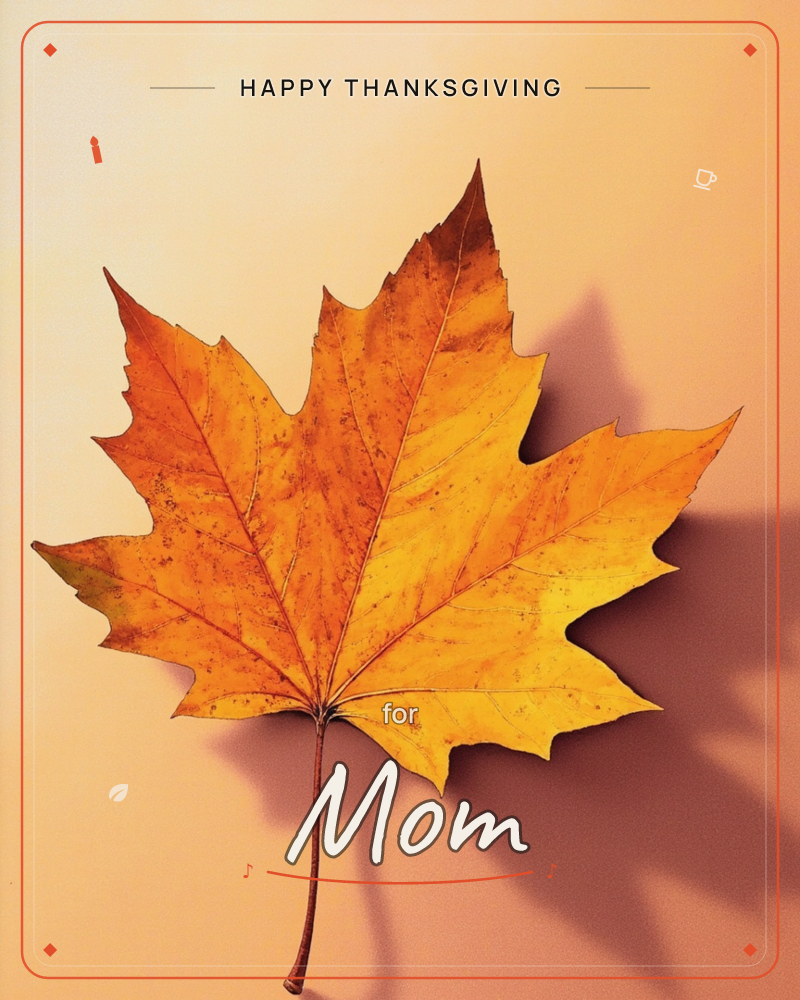 A single maple leaf lies flat against a warm peach background, its edges curling and its surface freckled with brown speckles of decay, a thanksgiving e-card design